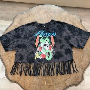 Women’s Poison 2023 Cropped Fringe Tie-Dye T-Shirt Black Large 1980s Band